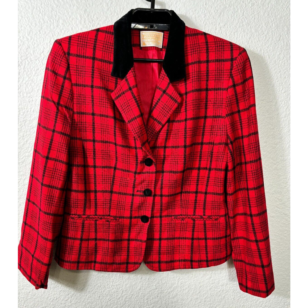 Vintage 80s Pendleton Blazer Jacket Womens Medium Red Plaid Wool Lined